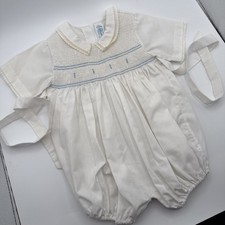 Vintage White Feltman Bros. Baby Bubble Romper 80s Smocked Embroidered picture