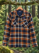Patagonia Men's S Plaid Insulated Lined Flannel Button Front Pockets Blue/Brown picture
