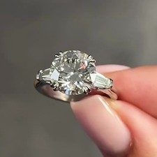 3.20 TCW Round Cut Moissanite Three Stone Engagement Ring 14K White Gold Plated picture