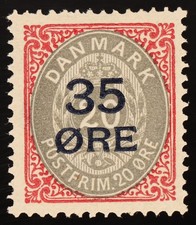 Denmark 1912 35 Øre on 20 Øre AFA 61 Scott 80 Facit 48 Mint Hinged MH picture
