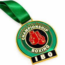 IBO Championship Boxing Medal Gold Tone Enamel Green Satin Ribbon Gloves Award picture