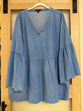 Lane Bryant Blue Chambray V-Neck Pullover Blouse 3/4 Bell Sleeve Ruffle 26 picture