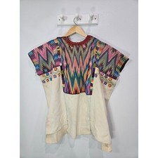 Vintage Guatemalan Huipil Handwoven Embroidered Boho Poncho Top Cream Multi picture