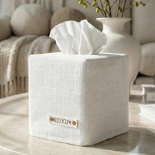 Stylish Tissue Box Cover - White Linen Holder for Square Tissue Boxes picture