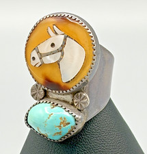 Vtg Zuni Simplicio Heavy Sterling Silver Turquoise MOP Horse Ring 13.5g Size 9 picture