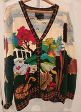Vtg Berek 3D Knit Cardigan Sweater Fall Trees Leaves Grandmacore Wearable Art picture