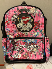 Ed Hardy Love Kills Slowly Pink Skull Floral Backpack Faux Leather Full Size picture