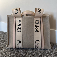 Chloé Woody Medium Tote Beige/Pink Logo Straps Double Handles Inner Pockets picture