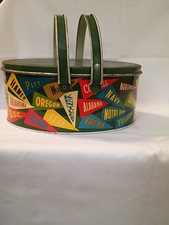 VTG Metal College Pennants Tin Lunch Box W/ Insert Oval Green 1950s Decor  picture