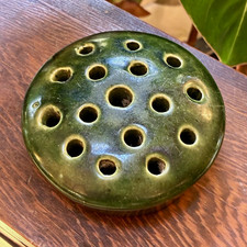 Vintage Green Glazed Pottery 16-Hole Flower Frog, Floral Arranging Insert picture