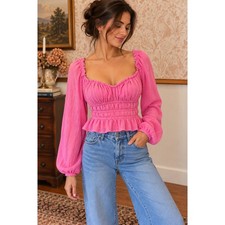 Free People Pink Smocked Long Sleeve Peplum Top picture