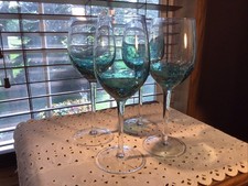 4 Pier 1 Teal Blue Crackle 8 7/8” White Wine 12 Oz Glasses picture
