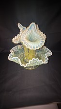 Vintage Fenton Vaseline Topaz Opalescent Hobnail Uranium Glass 3 Flower Epergne picture