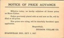 1927 INDIANA COLLAR CO EVANSVILLE HORSE COLLAR PRICE ADVANCE NOTICE POSTCARD picture