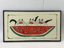 Martha Wahlert Signed Watercolor Three Cats on the Fourth Framed Folk Art 25in picture