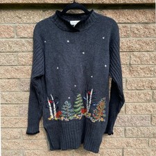 Vintage Embroidered Forest Gray Sweater Large Heritage Cottage Scandigirl Granny picture