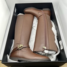 Coach Farrah Brown Leather Riding Boots Gold Buckle Wallnut Size 7 B Brand New picture