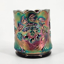 Vintage Joe St. Clair Blue Carnival Glass Wreathed Cherry Toothpick Holder  picture