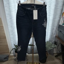 Bloomchic Women's Blue Denim Jeans Floral Embroidered 5-Pocket Button 14 picture