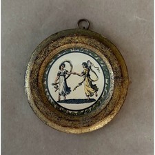 Vintage Italian Tole Gold Gilt Round Miniature Framed Art Dancing Maidens Greek picture