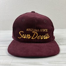Extremely RARE VTG Twins Enterprise ASU Sun Devils Script Corduroy SnapBack Hat picture