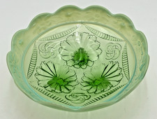 #5088 Antique Northwood Scalloped Opalescent Footed Green Ruffles 8” Bowl picture