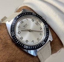 Vintage Tevo 17 Jewels Skin Diver Watch 36mm Silver Dial Rotating Bezel 1960s picture