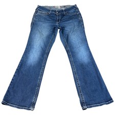 Ariat R.E.A.L Bootcut Jeans Womens 33 Blue Logo Medium Wash Distressed Western picture