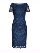 $375 LA FEMME Slate Blue EMBROIDERED Beaded LACE COCKTAIL Dress sz 14 Wedding  picture