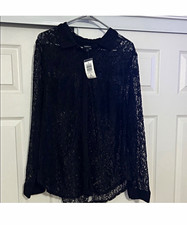 Torrid Black Lace Sheer Floral Button-Front Collared Long Sleeve Blouse 3X picture