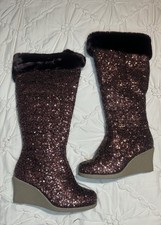 Joan Boyce Shari WINE SEQUIN With Faux Fur Cuff Tall Wedge Heel Boots Size 8M picture