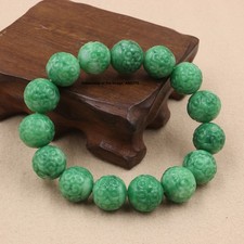 New Chinese Green Jade Bracelet 14mm Carved Beads Elastic Stretch Bracelet picture