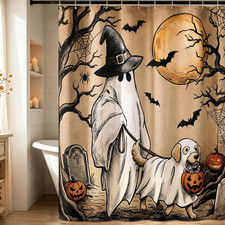 Halloween Shower Curtain Set: Vintage Ghost Walking Dog Theme, Rustic Spooky Gra picture