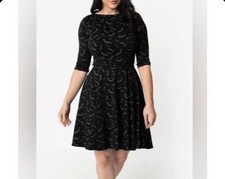Unique Vintage Stephanie Bat Print Dress Sz XS/2 Black Halloween Goth Whimsical picture