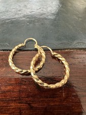 Vintage 9ct Yellow Gold Twisted Creole Hoop Earrings – 1980s Spiral Rope 19mm picture
