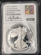 2025 S SILVER EAGLE Proof NGC PF 70 Advanced Releases GAUDIOSO Signed Art Label picture