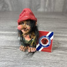 Vintage Lommedalen Troll - Atelier Small Figurine Red Hat Overalls With Tag 3.5” picture