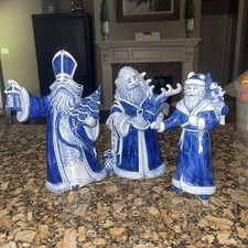 Lot Of 3 Vtg Delft Blue Hand Painted St Nicholas Santa Claus Figurine Christmas picture