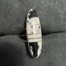 Navajo Harold Smith Sterling Silver White Buffalo Inlay Elongated Ring Sz 5.75-6 picture