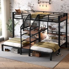Twin over Twin over Twin Metal Bunk Bed with Storage Shelves and Storage Stairs picture