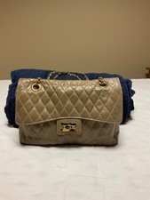 Vintage SISO Italy Quilted Lambskin Leather Flap Shoulder Bag Taupe Purse Vtg picture
