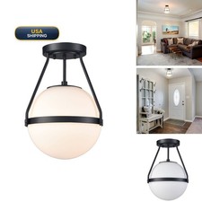 HOLKIRT Mid-Century Black Globe Ceiling Light, White Opal Glass picture