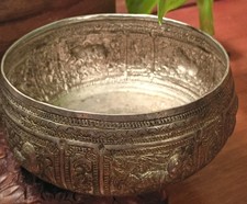 Antique Bowl Burmese Repousse Thabeik Zodiac Jataka Mythology Raised Relief 72g picture