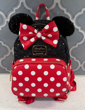 OEM Disney Parks Loungefly Minnie Mouse Black Sequin Red Polka Dot Mini Backpack picture