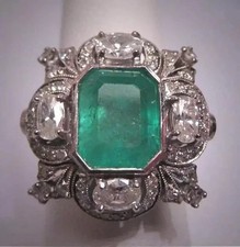 3.53CT Real Green Emerald Cut Vintage Art Deco Halo Engagement Ring 14K Gold FN picture