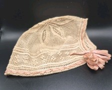 Vtg 1920s 1930s Crochet Lace Boudoir Cap Bonnet Ribbon Bow Infant Doll Hat... picture