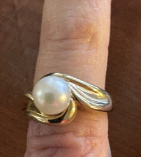 Beautiful Vintage 14K Yellow Gold Cultured Pearl  Swirl Style Ring Sz 7.5 2.5 G picture