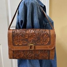 Vtg Mexican Hand Tooled Western Shoulder Bag Blue Leather Lining Brass Hardware picture