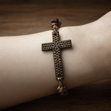 Handmade Mexican Decenario Bracelet Hammered Copper Cross Adjustable Macramé picture