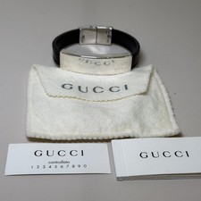Gucci Vintage Sterling Silver & Black Leather ID Bangle Bracelet picture
